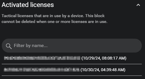 Activated licenses screen showing a list of device IDs and activation dates and times. Activated licenses screen showing a list of device IDs and activation dates and times.