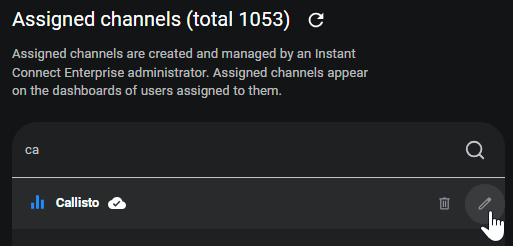 Assigned Channels page and search bar with the letters 'ca' in the field and the results showing a Assigned Channels page and search bar with the letters 'ca' in the field and the results showing a