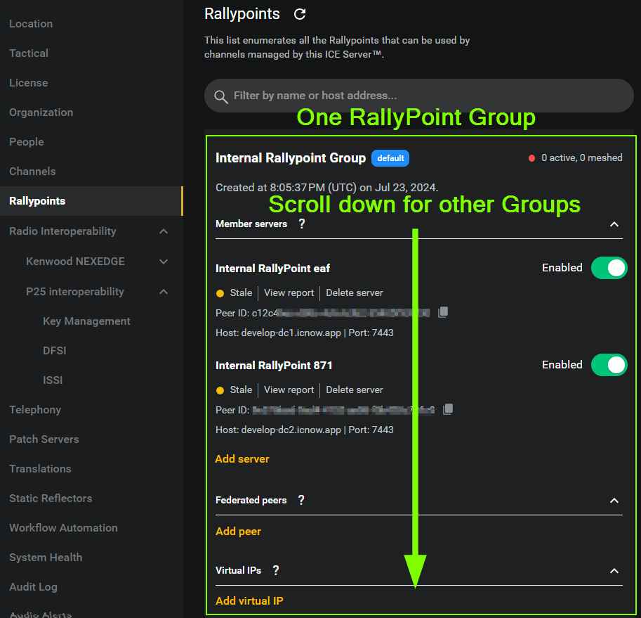 A picture of the Rallypoints page with arrows indicating that you must scroll down for other groups and that this page is actually a list.